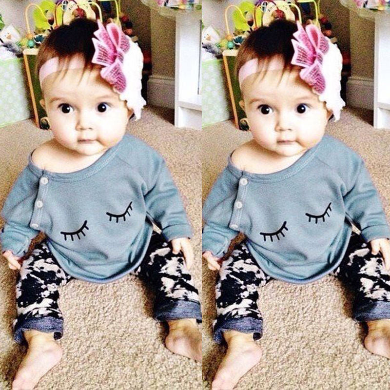 0-24M Newborn Infant Baby Girls Clothes Cute Bebes Cotton Long Sleeve Eyelash T-Shirt Pants 2pcs Outfits Kids Clothing Set