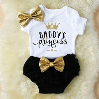 Infant Newborn Baby Girl Short Sleeve Jumpsuit Bodysuit Clothes +Lace Short + Headband Outfit 3Pieces Sets